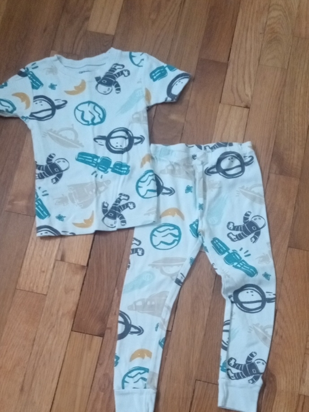 Kids Space-Print Pajama Set - White with Teal & Gold Accents boys 3T